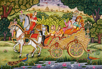 Radha Krishna riding a horse chariot miniature painting