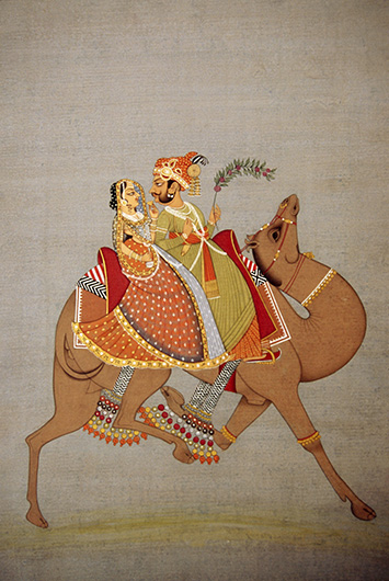 Dhola and Maru riding a camel miniature painting 
