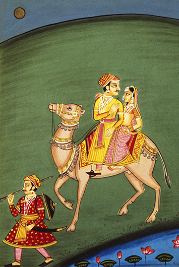 Ragini and Maru riding a camel miniature painting