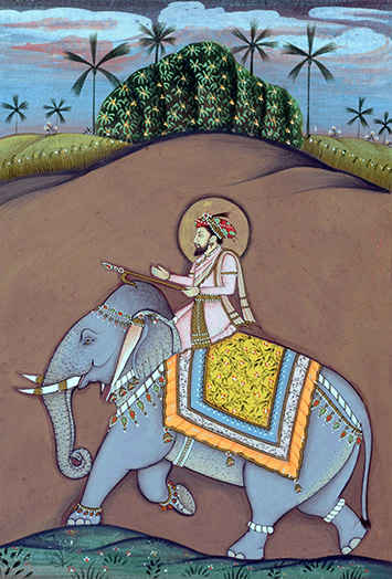 Mughal Emperor Shah Jahan riding an elephant miniature painting