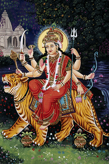 Goddess Durga riding a tiger miniature painting